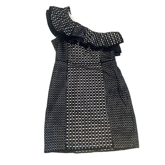 J.Crew Collection One Shoulder Mini Dress Womens Black 12 Eyelet Lace Ruffle - Picture 4 of 16